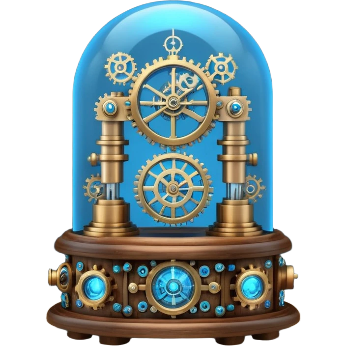 Portrait of a steampunk-style time machine with brass gears, glowing blue core, and glass dome emoji
