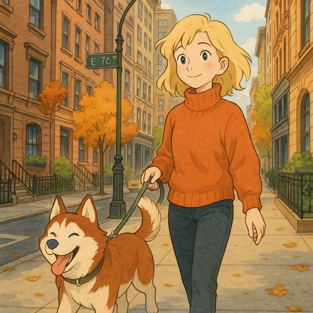 Cute Blonde woman wearing a sweater walking a happy red-brown blue-eyed Siberian husky in New York City on an upper east side city sidewalk  emoji
