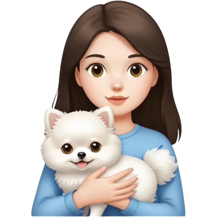 White Brunette girl holding a white pomeranian  emoji