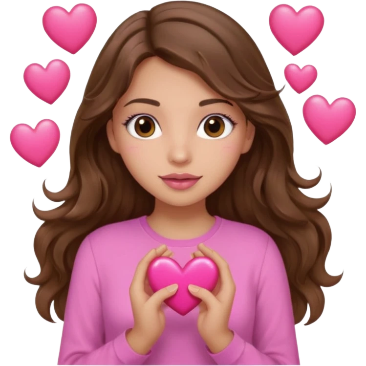 girl with long wavy brown hair, brown eyes, light to medium complexion, in a pink shirt, pink lips, long lashes, many  hearts in hand emoji