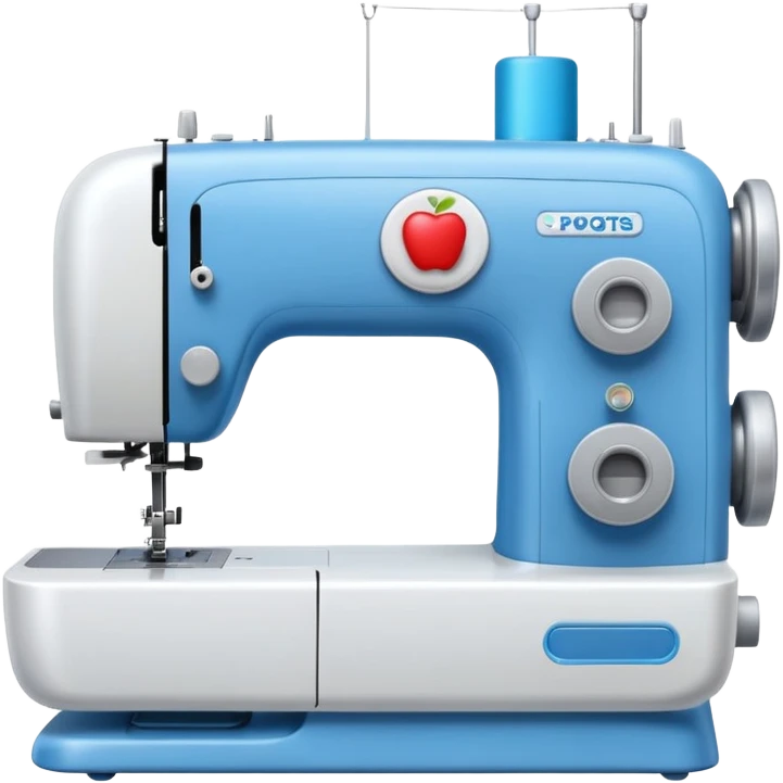 Emoji of a modern sewing machine inspired by a Brother machine. Soft, rounded shapes in the style of Apple emojis, with subtle gradients and soft shadows. White body with light gray details, a blue thread spool on top, a small digital screen and a round dial. emoji