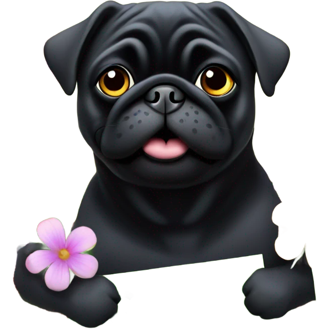 Black pug , surrounded by flowers, holding a green sign that says “good luck”  emoji