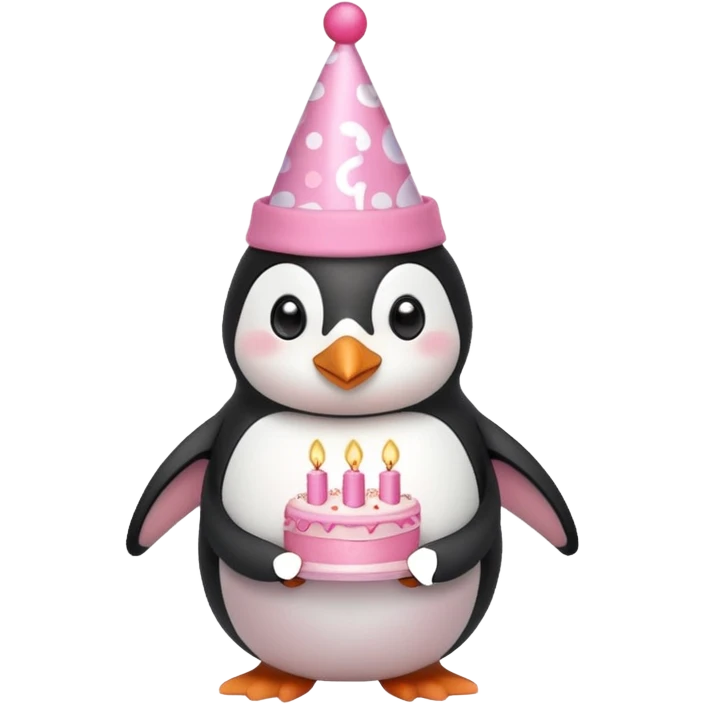 cute penguin  hold a pink birthday cake in both arms with pink birthday hat emoji