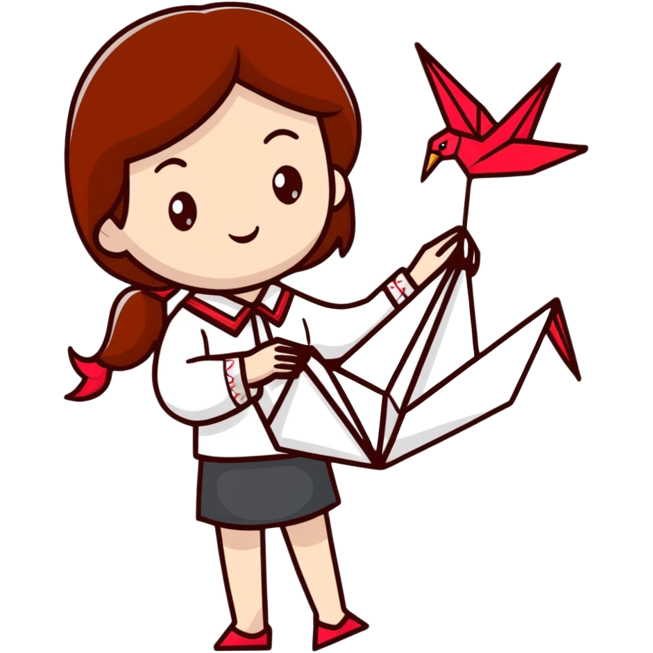 A happy Ukrainian young girl with brown hair in a white embroidered shirt makes an origami red crane craft emoji