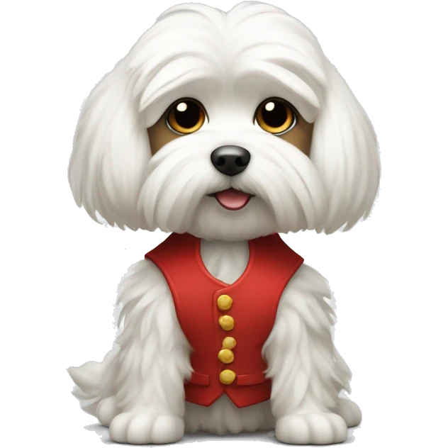 Maltese wearing a red vest with to bleck straps one in the front one around the belly  emoji