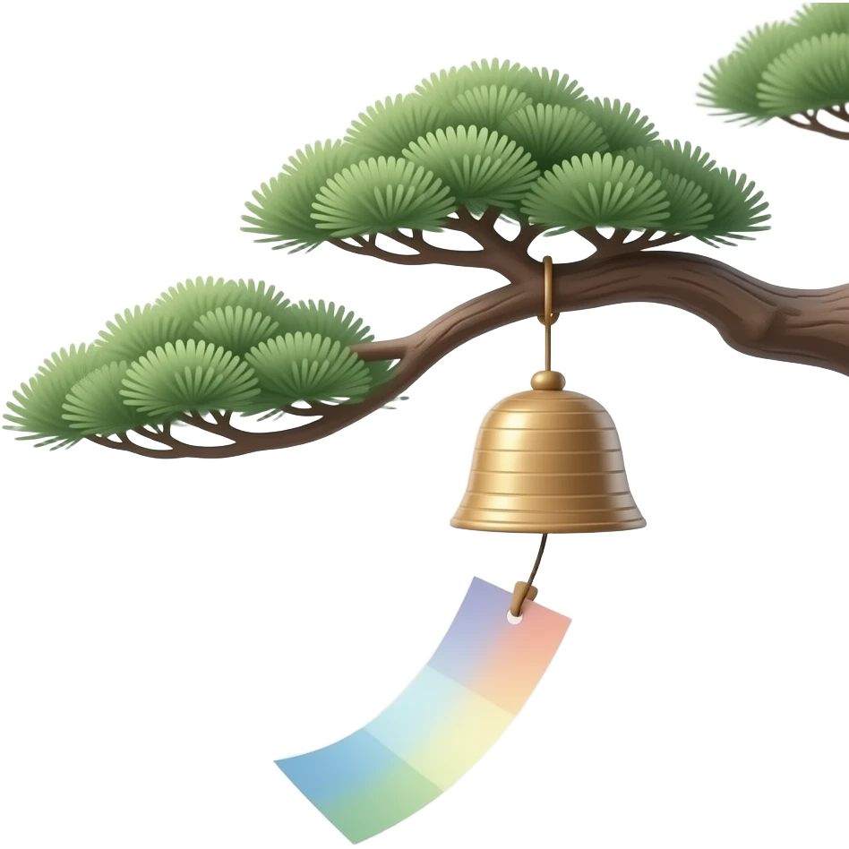 "A Japanese furin wind chime hanging from a bonsai tree branch. A single rectangular paper strip is attached below, moving softly with the wind. The paper changes color randomly each time. Minimalist scene, soft natural lighting, calm atmosphere, Japanese aesthetic." emoji