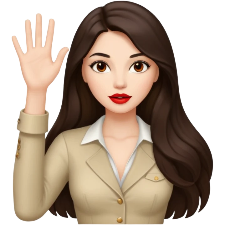 Beautiful brunette lady sexy with raised 1 hand, long hair red lips emoji