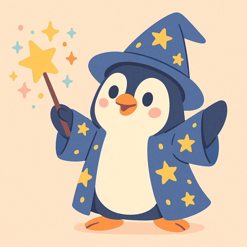 cute penguin wizard casting a spell, sparkles, starry robe, soft pastel cartoon style emoji
