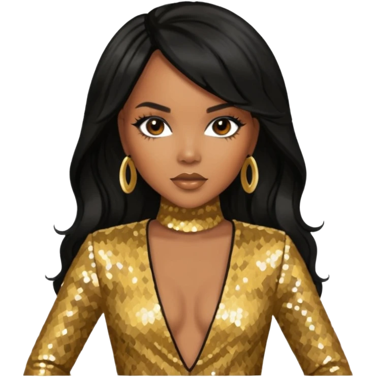 LeToya Luckett with long black hair, gold sequin outfit emoji