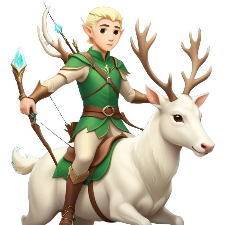 clash-of-clans-aesthetic-blond-male elf-archer-portrait-emoji, rendered in a flat, vector-style with minimal shading and bold, simplified shapes, head tilted slightly forward with a determined, focused expression, riding a majestic white stag whose antlers glow with mystical energy, set against an ancient, enchanted forest backdrop. emoji