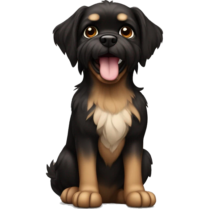 brabancon griffon dog, black with brown parts, sitting on the ground and smiling emoji