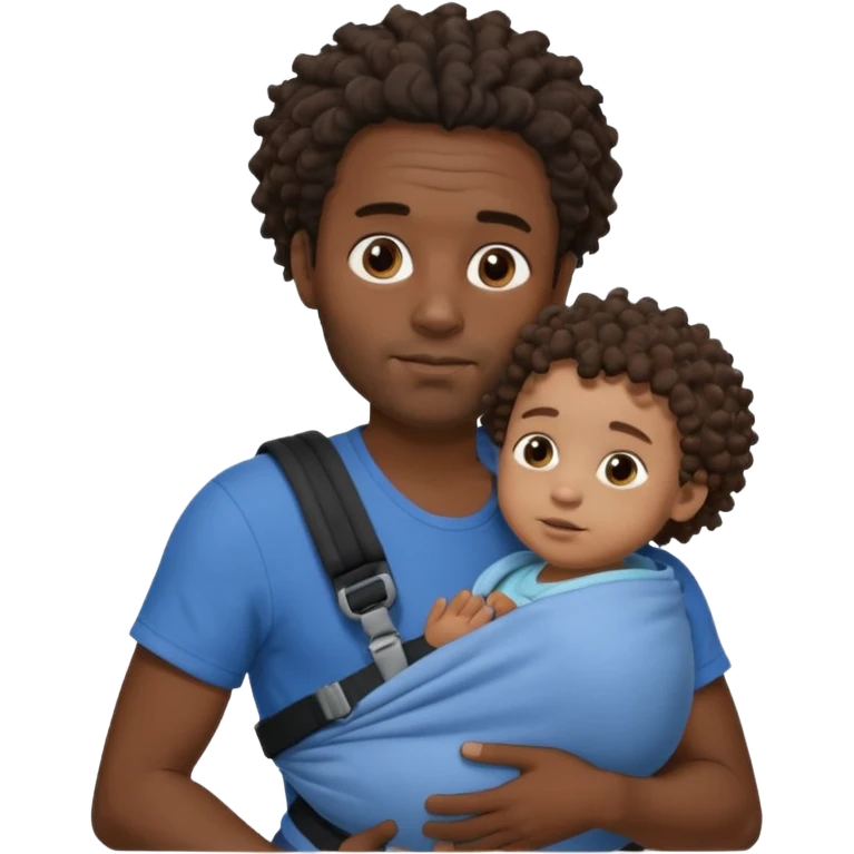 Very Dark skinned black Dad slim face , with short dread locks with his brown curly haired baby in carrier baby, face of baby is not visible emoji