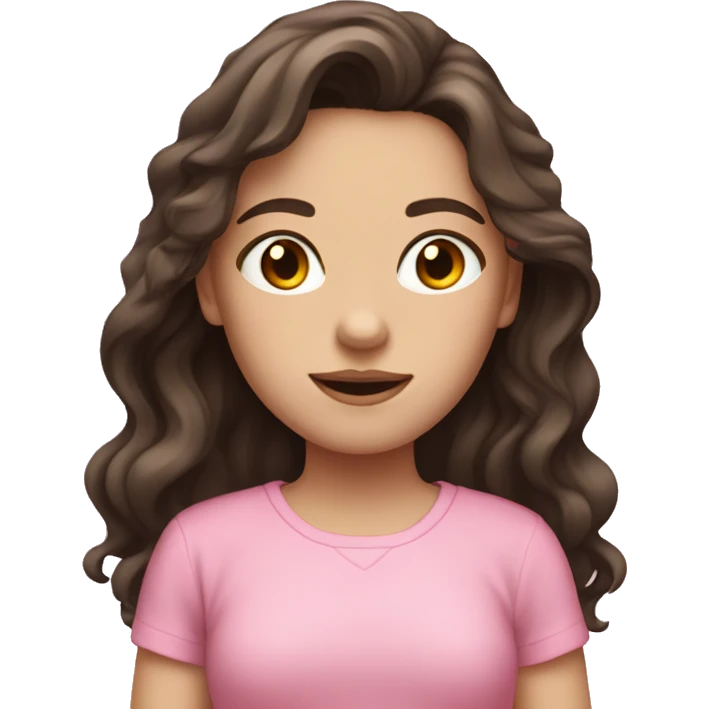 pale girl with long dark brown wavy hair and a pink shirt emoji