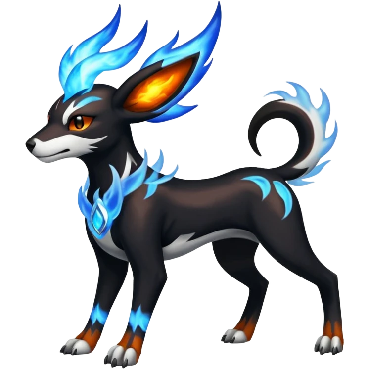 Fiery black and white blue flames solarpunky elemental colorful hot will-o-wispy Houndoom-Torracat-Genesect-Pokémon-Fakémon-hybrid-creature emoji