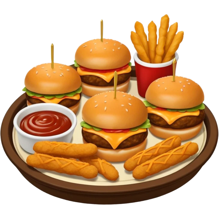 emoji of a Tripper Dipper appetizer platter from Chili’s. The emoji should feature two mini cheeseburger sliders with glossy brioche buns and melted cheese, crispy golden mozzarella sticks, and saucy chicken tenders arranged in a small basket with three dipping sauces in round cup emoji