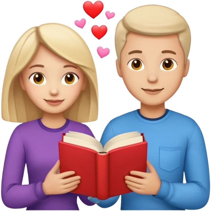 A man and a woman facing each other, both holding a single book together. From the book, colorful heart emojis are popping out playfully, creating a cheerful and romantic atmosphere emoji