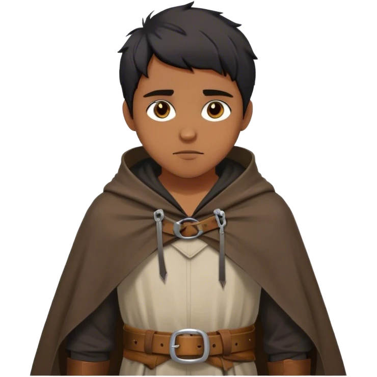 medieval outfit worn by a DnD themed fantasy character. basic rough-spun tunic with a leather belt and a hooded cloak. clothes only above the waist. The clothes full waist. The character's haven't arms. character is straight black hair hazel eyes short messy hair brown-skinned man. emoji