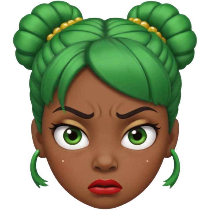 Create a 3D cartoon-style girl character with dark skin, round face, angry expression, big wide eyes, and tightly styled double buns made of green beaded hair. The girl should look irritated, eyebrows sharply angled, and lips pressed in a frown. emoji