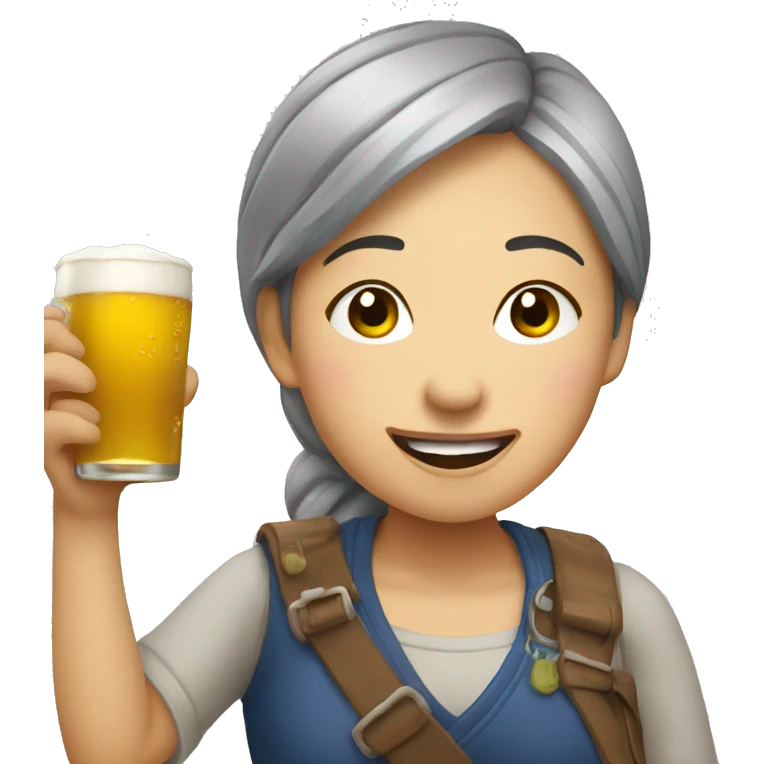 tired but happy asian lady grabbing beer emoji