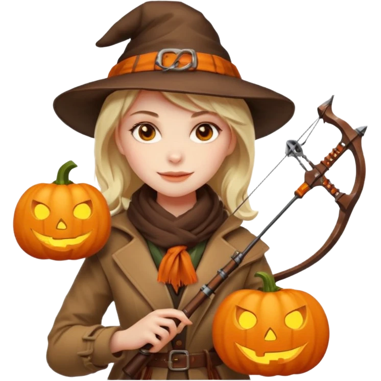 female human monster hunter emoji, wearing brown coat and hat, holding crossbow, soft smile, scarf, glowing pumpkin by her side, Halloween fantasy style, clean vector Apple emoji look, bright colors, white background, square emoji