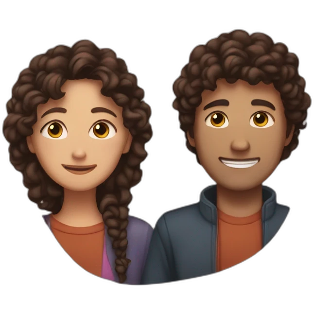 Hug between brown guy with straight dark hair and a long curly brown hair woman emoji