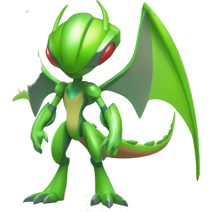a shiny green Genesect-Flygon-Raptor-Fakémon—hybrid with a futuristic visor-helmet full body emoji