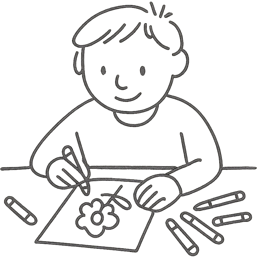 a person sitting at a table coloring a page with art supplies like crayons and colored pencils around them, simple artistic coloring page scene, clear black outlines, no color, suitable for coloring emoji