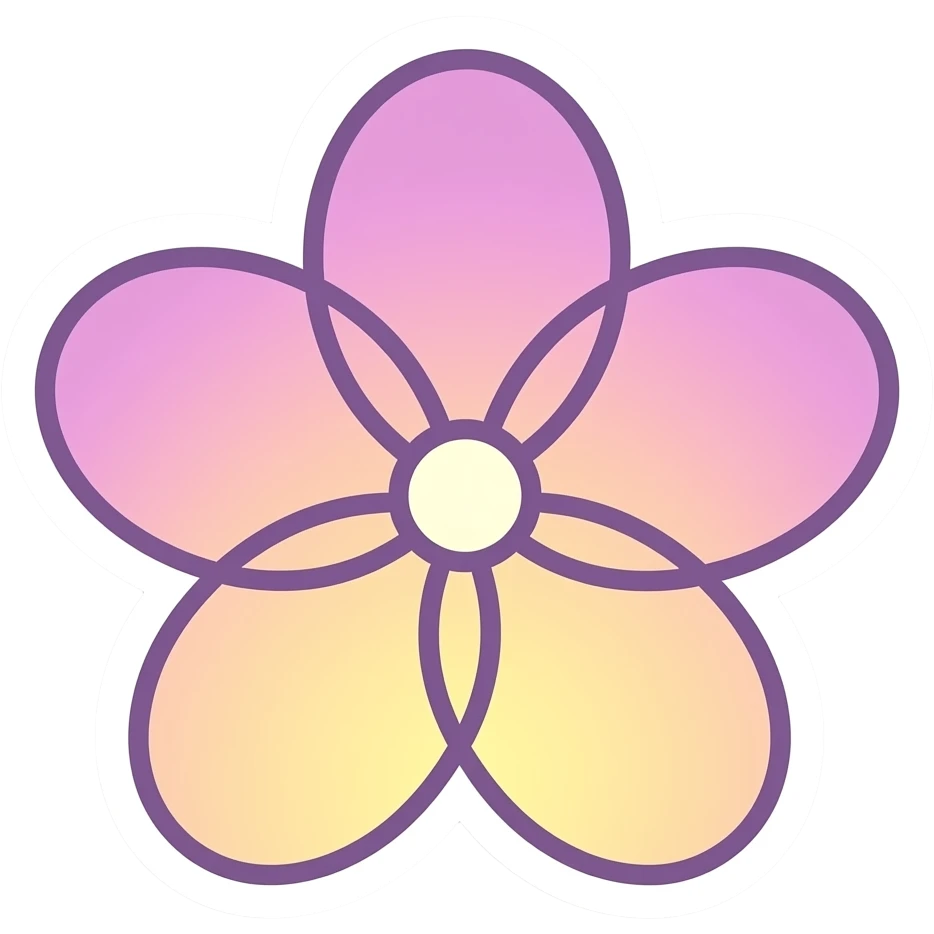minimal line-art large petal flower sticker, elegant thin stroke, soft purple, to pink, to yellow shades clean vector design, no background, modern aesthetic, 8k resolution, 600 dpi. Must have no emoji faces and no emoji icons emoji