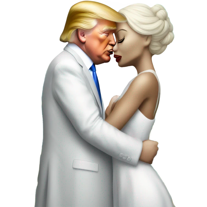 Alien reptilian woman in white dress hugs and kissing donald trump emoji