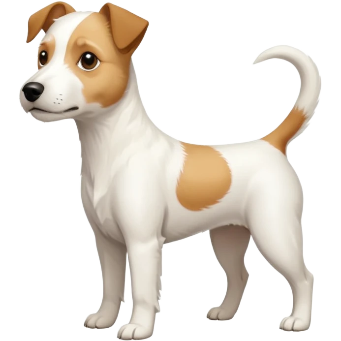 a full body buff white parson russell terrier looking dog the size of a kelpie with light brown long ears and a light brown patch on one eye and a large snout. the rest of the dog is completely white. forward facing emoji