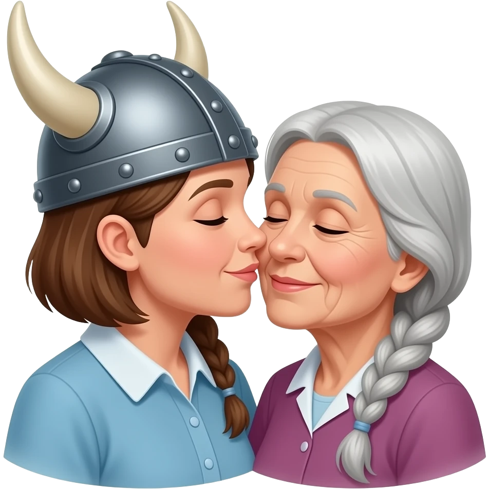 Viking helmet no strap on gray braids old woman kissing old woman shortest hair brunette old nurse emoji