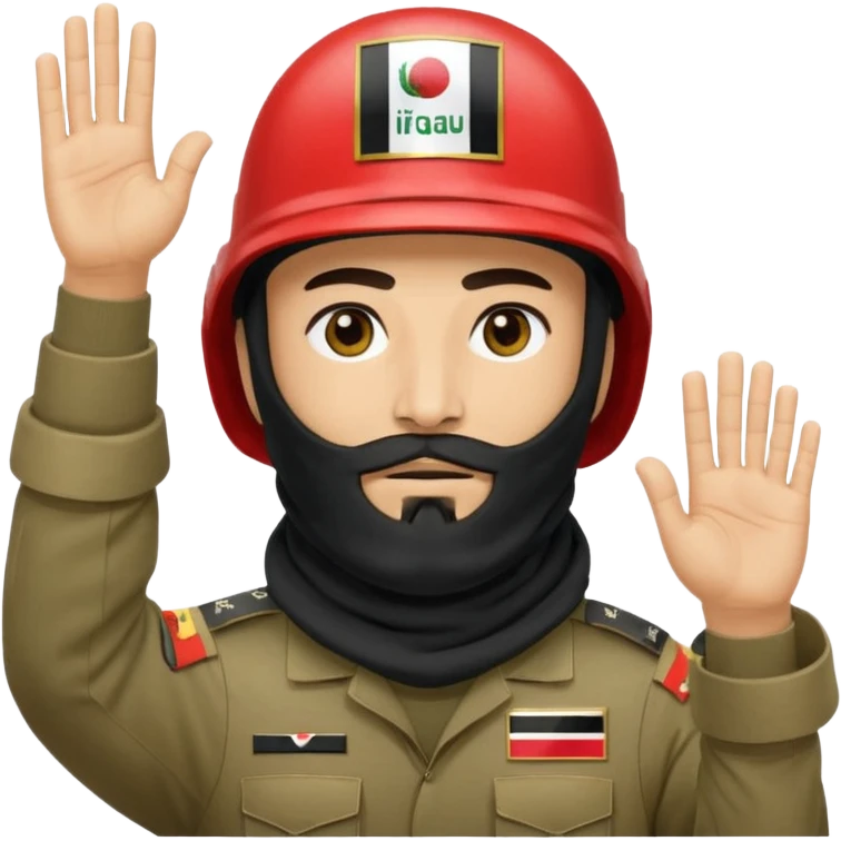 surrenders, depicts an Iraqi soldier from 1980, with a beard, in a helmet, a helmet with sign flag Iraq, with a balaclava, with sad eyes and both hands raised up emoji