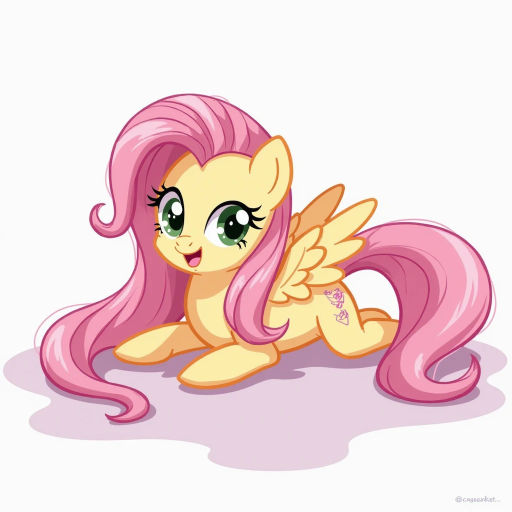 Fluttershy lying down and smiling, realistic style, no background, transparent emoji