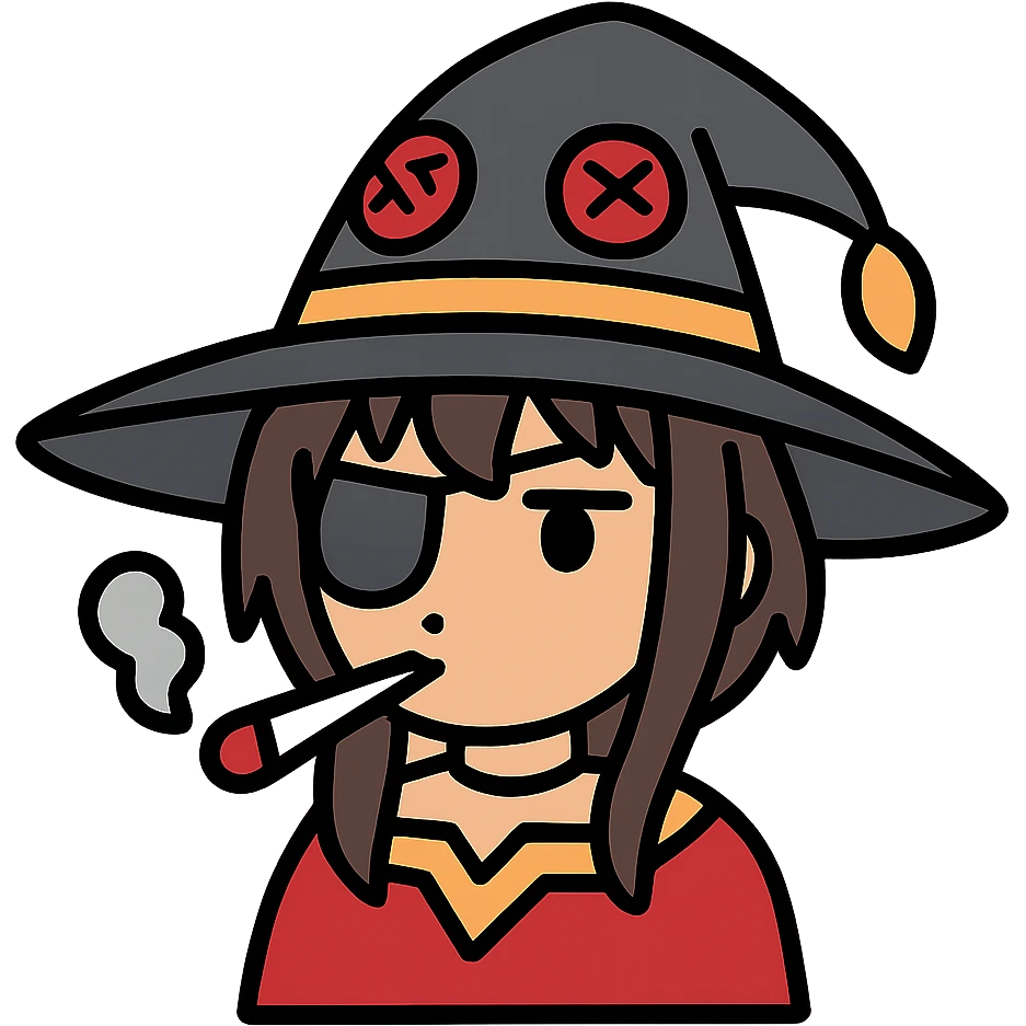 Anime witch girl Megumin from Konosuba with witch hat and eye patch smoking a joint emoji