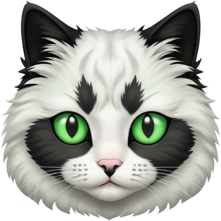 This fluffy cat has a black and white coat with a white face marked by a black patch over the forehead, bright green eyes, and a black nose bridge emoji