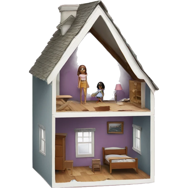 A broken-down dollhouse with a doll sitting inside, lifeless and blank-eyed emoji