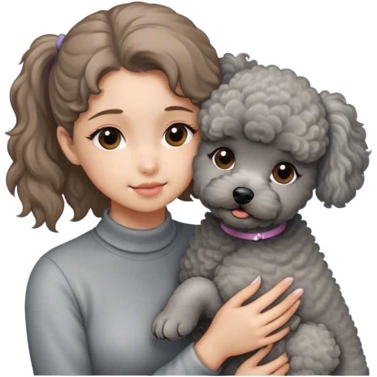 A girl with a light brown ponytail holding a grey poodle emoji