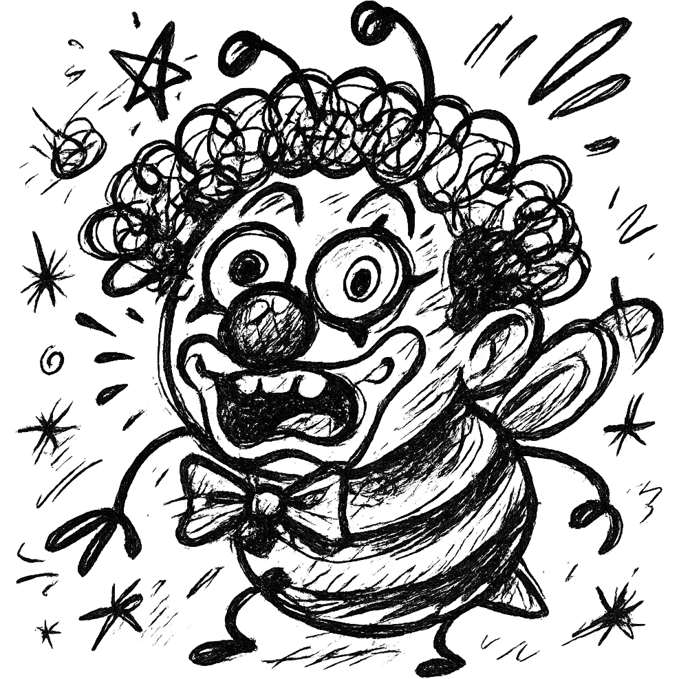 Transform this bee into a clown bee in a chaotic black outlined icon style. Add a clown nose, colorful wig, and exaggerated clown makeup, keeping the chaotic and expressive look. emoji