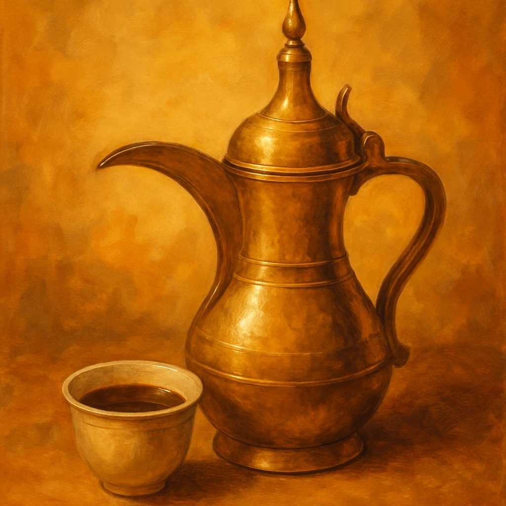 Saudi coffee in a traditional dallah pot, Arabic style, warm colors emoji