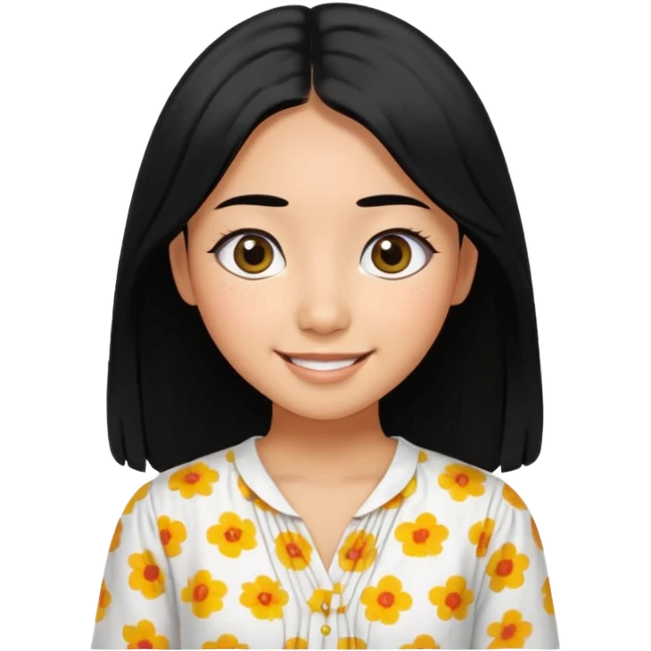 20 yr old asian woman hair white blouse with black dots center part big eyes big smile tanned skin straight black hair hippie part hair  emoji