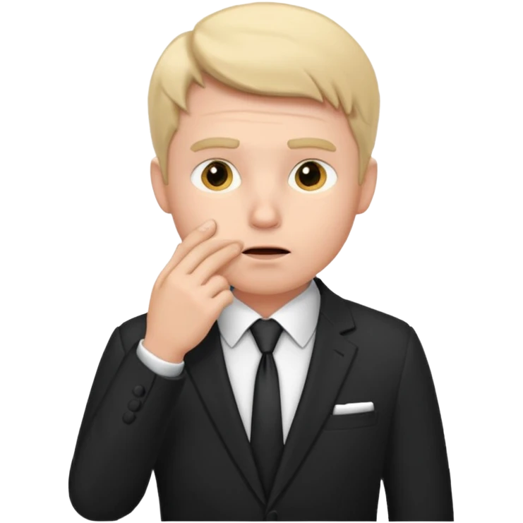 white man in formal suit thinking hard, hand to mouth emoji