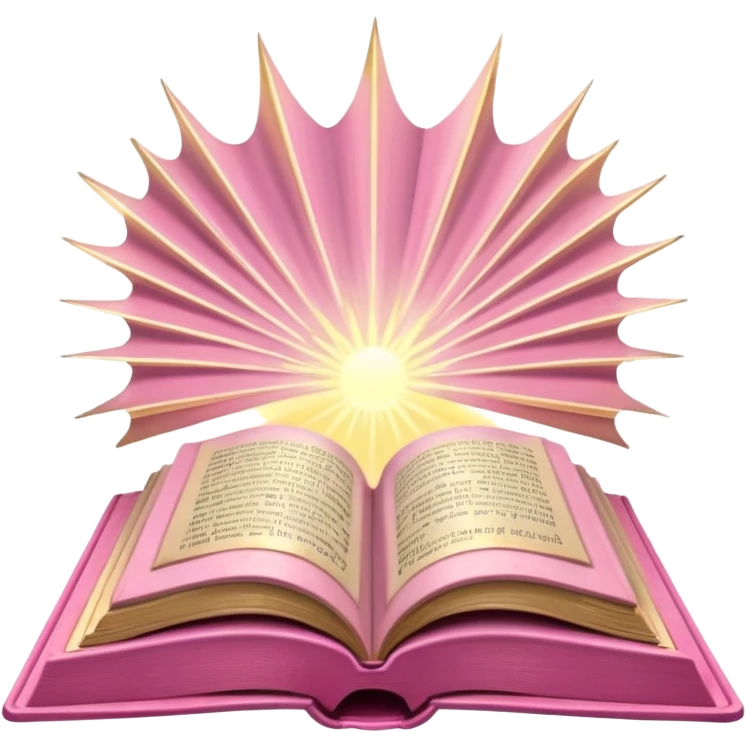 An open pink book with glowing light rays emerging from its pages, magical atmosphere, emoji