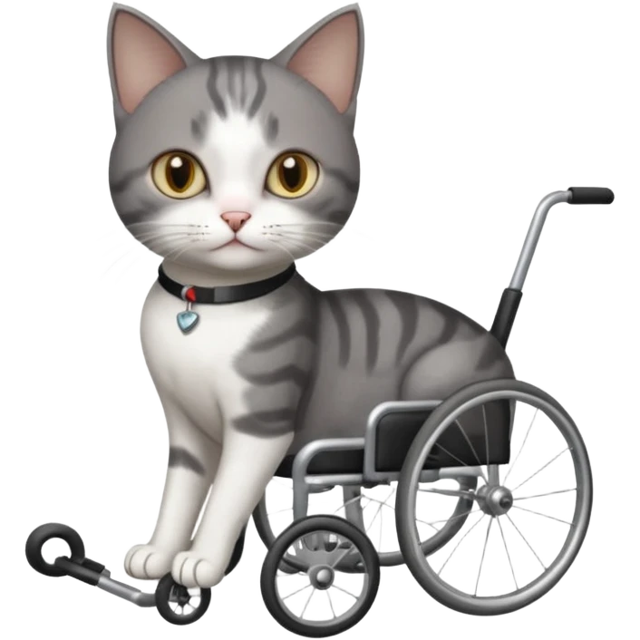 full body small short hair dark grey and white cat with hazel eyes walking in a wheelchair for cats emoji