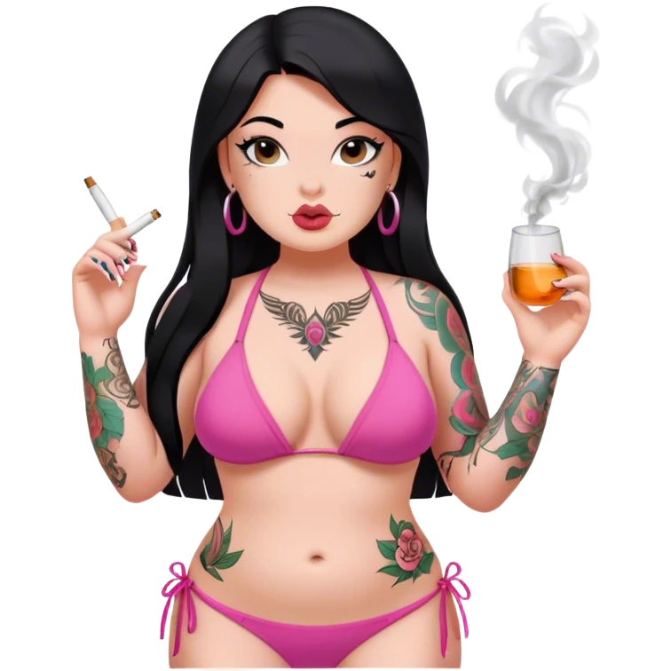 caucasian curvy girl, with tattoos, in pink bikini, smoking, with a long straight black hair  emoji