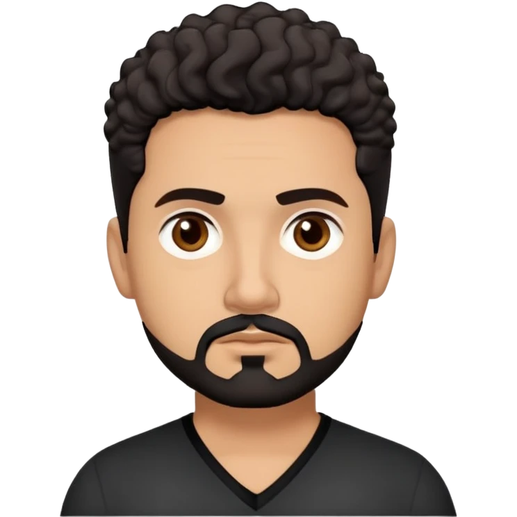 Latino theatre director with light cinnamon skin. Structured face with defined features. Critical dark brown eyes. Thoughtful expression. Well-groomed black goatee with some gray. Short curly dark hair. Wearing a black V-neck shirt with minimal design. emoji