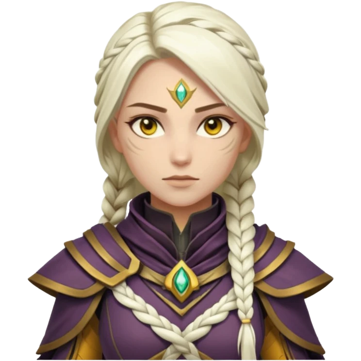 Destiny 2 warlock, female, long white braid, gold yellow eyes, no helmet, novice armor emoji