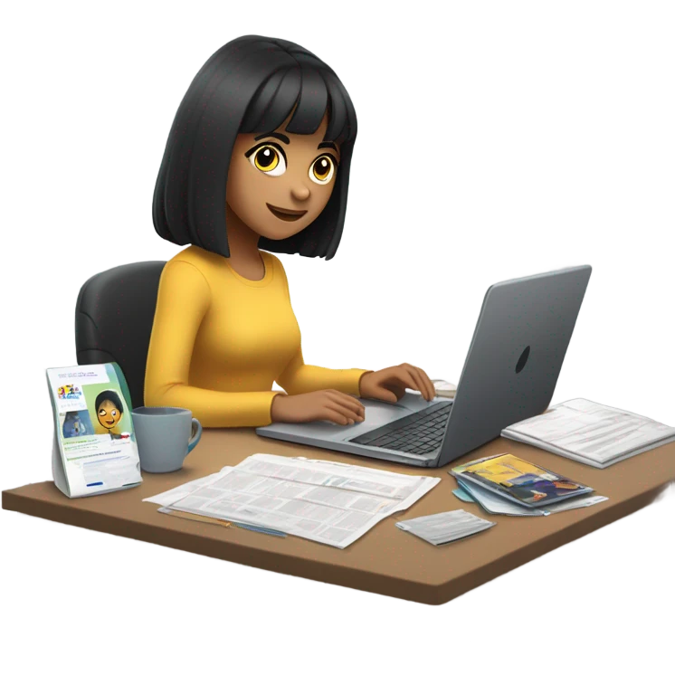 dark-haired girl with bangs working on a laptop (she is a marketer) emoji