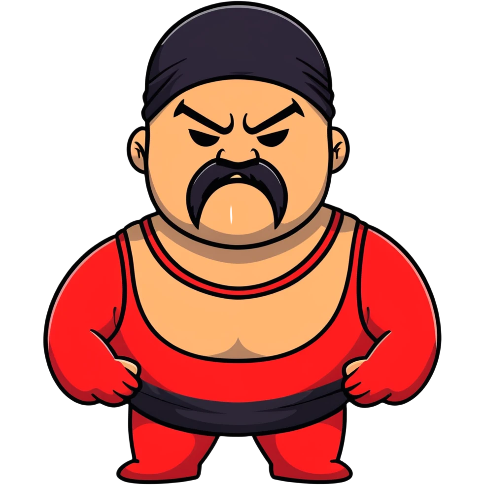 White skin fat guy with prominent black durag, short black beard and mustache, black eyes in a red and black wrestling singlet with angry face emoji