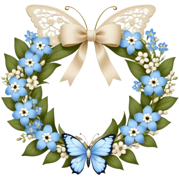 A delicate floral wreath woven from baby blue forget-me-nots and white jasmine, tied together with a velvet ribbon in creamy beige. A pearl-colored butterfly with intricate, lace-like wings rests atop the wreath, completing the picture of timeless elegance emoji