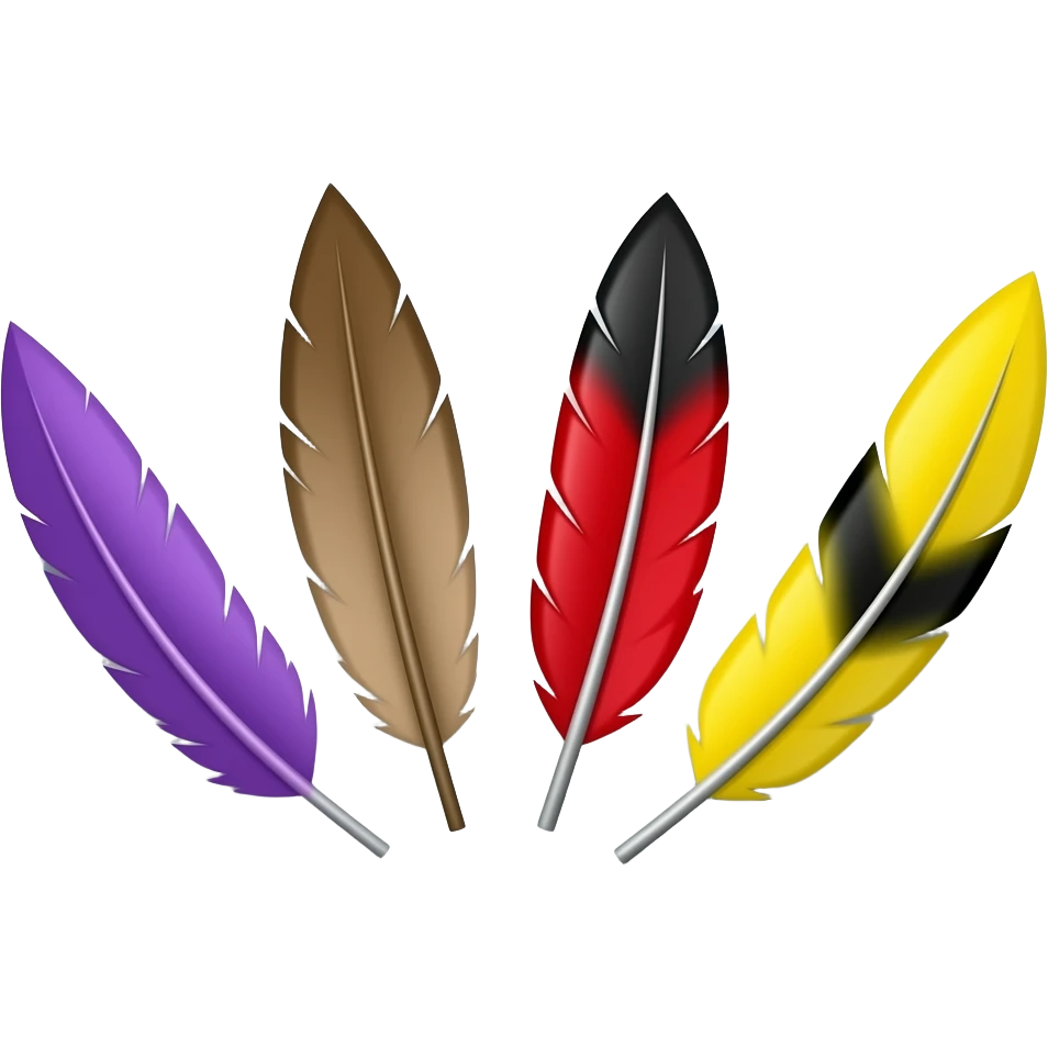 Una nuvola con 5 piume: una viola una marrone una nera e rossa e una gialla e nera emoji